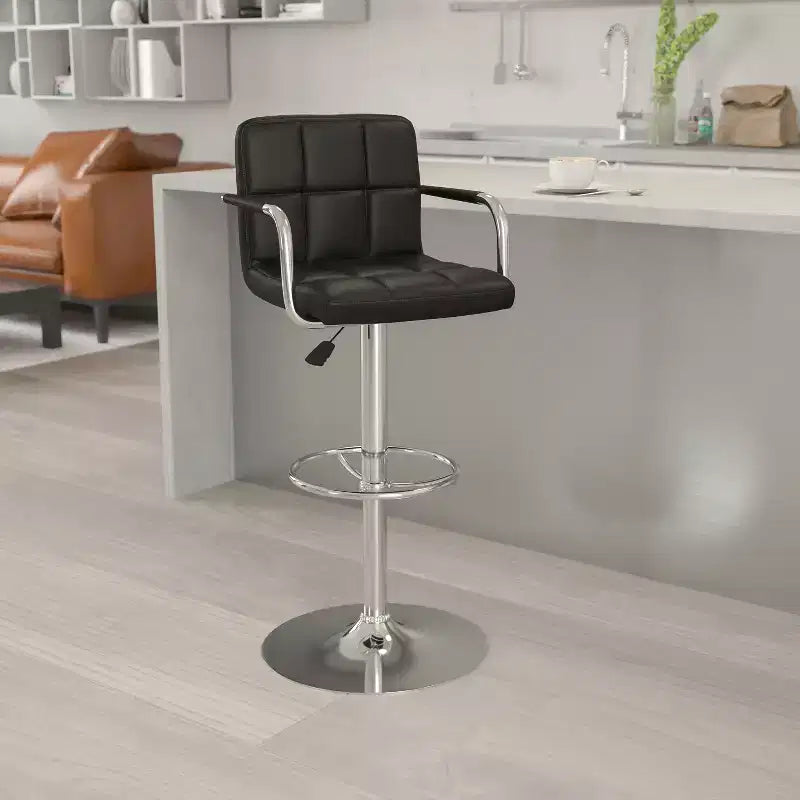 Tabouret de bar contemporain Flash Furniture en vinyle matelassé, réglable en hauteur, avec accoudoirs et base chromée