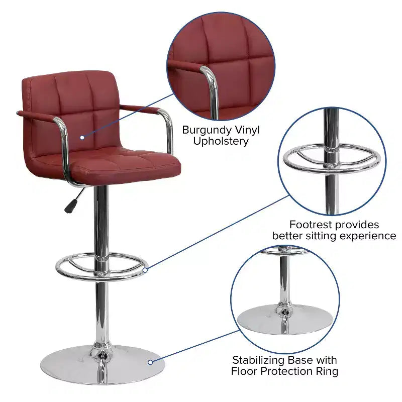 Tabouret de bar contemporain Flash Furniture en vinyle matelassé, réglable en hauteur, avec accoudoirs et base chromée