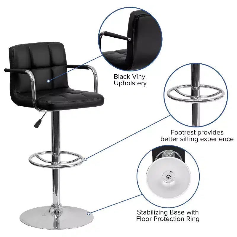 Tabouret de bar contemporain Flash Furniture en vinyle matelassé, réglable en hauteur, avec accoudoirs et base chromée
