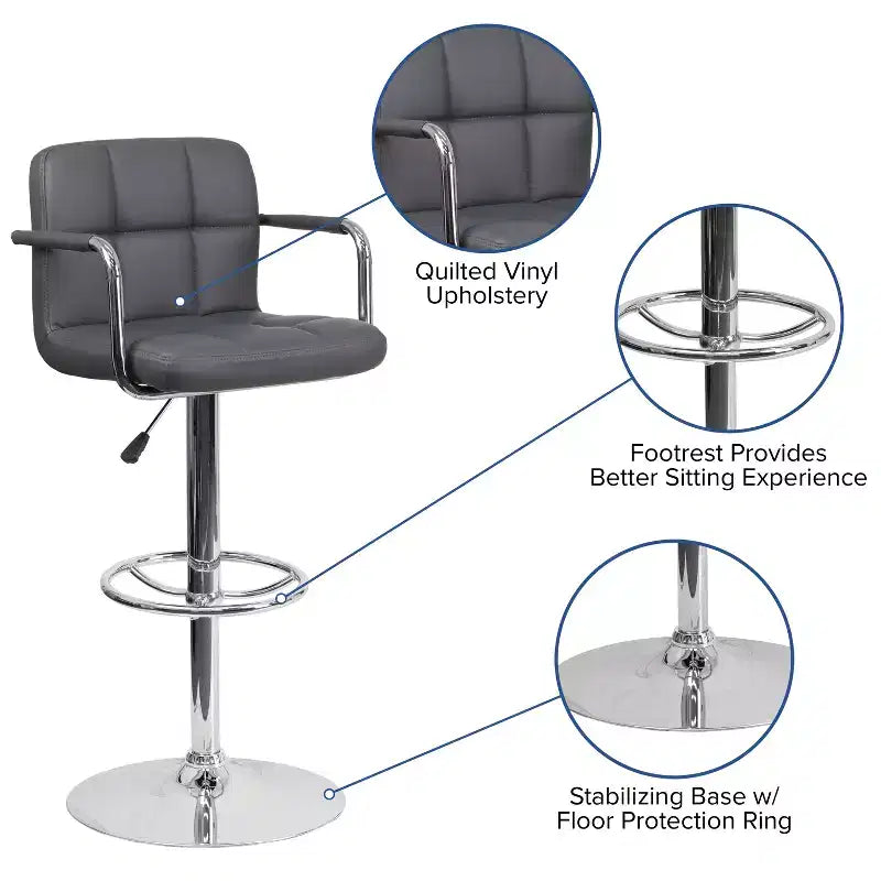 Tabouret de bar contemporain Flash Furniture en vinyle matelassé, réglable en hauteur, avec accoudoirs et base chromée