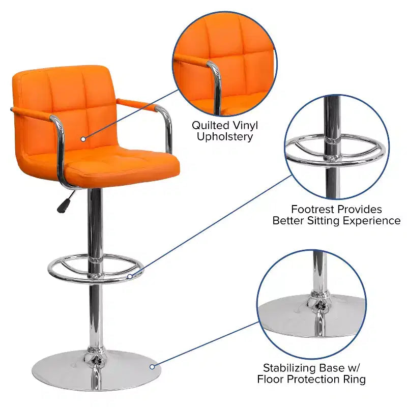 Tabouret de bar contemporain Flash Furniture en vinyle matelassé, réglable en hauteur, avec accoudoirs et base chromée