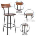 Tabouret de bar/salle à manger rustique Emma et Oliver en noyer avec dossier/assise en bois et cadre gris