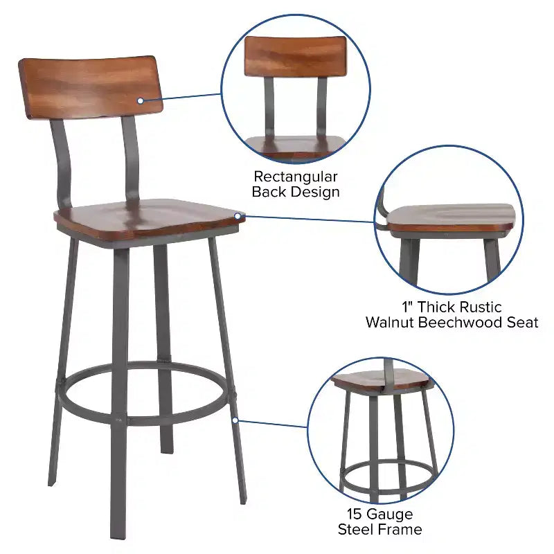 Tabouret de bar/salle à manger rustique Emma et Oliver en noyer avec dossier/assise en bois et cadre gris