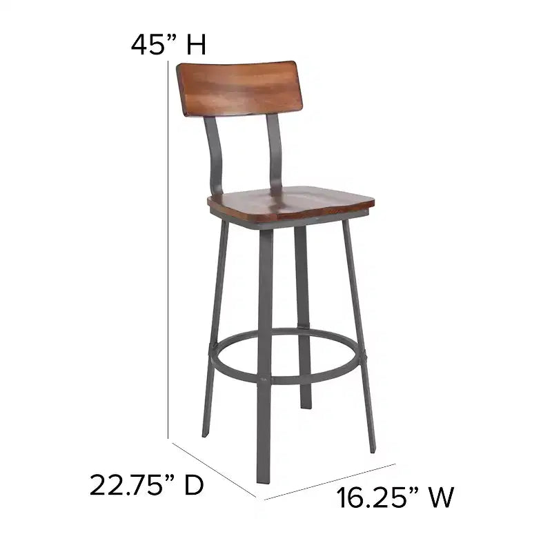 Tabouret de bar/salle à manger rustique Emma et Oliver en noyer avec dossier/assise en bois et cadre gris