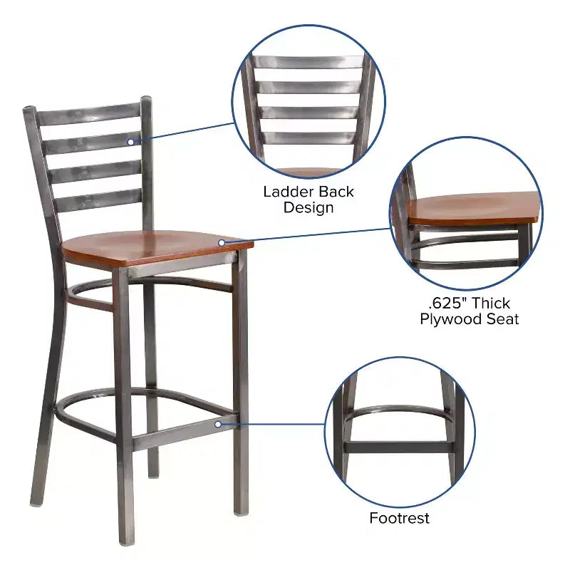 Tabouret de bar Emma et Oliver à dossier échelle en métal, avec finition transparente, pour restaurant
