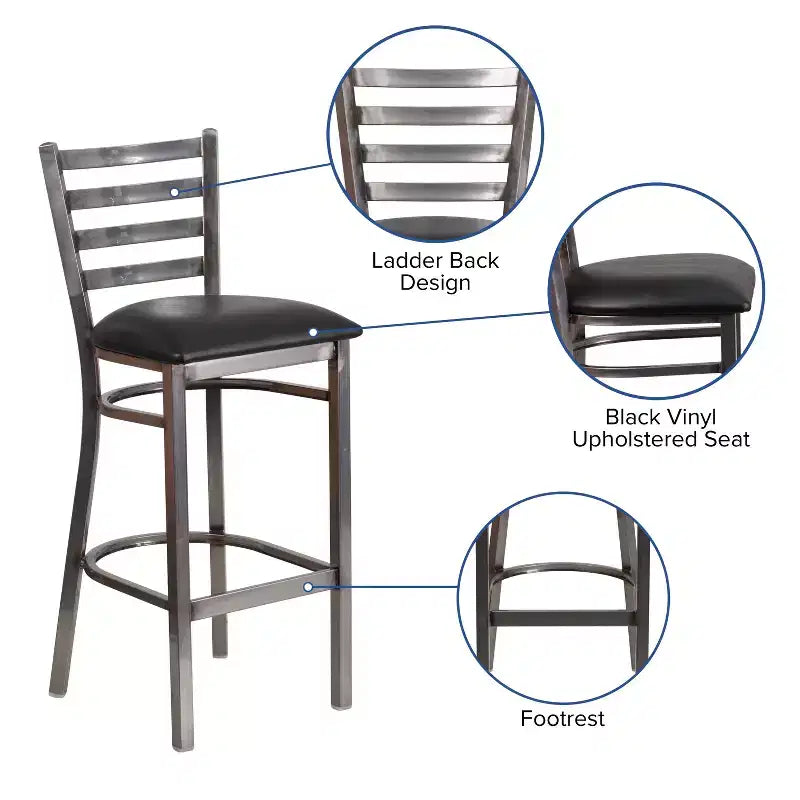 Tabouret de bar Emma et Oliver à dossier échelle en métal, avec finition transparente, pour restaurant