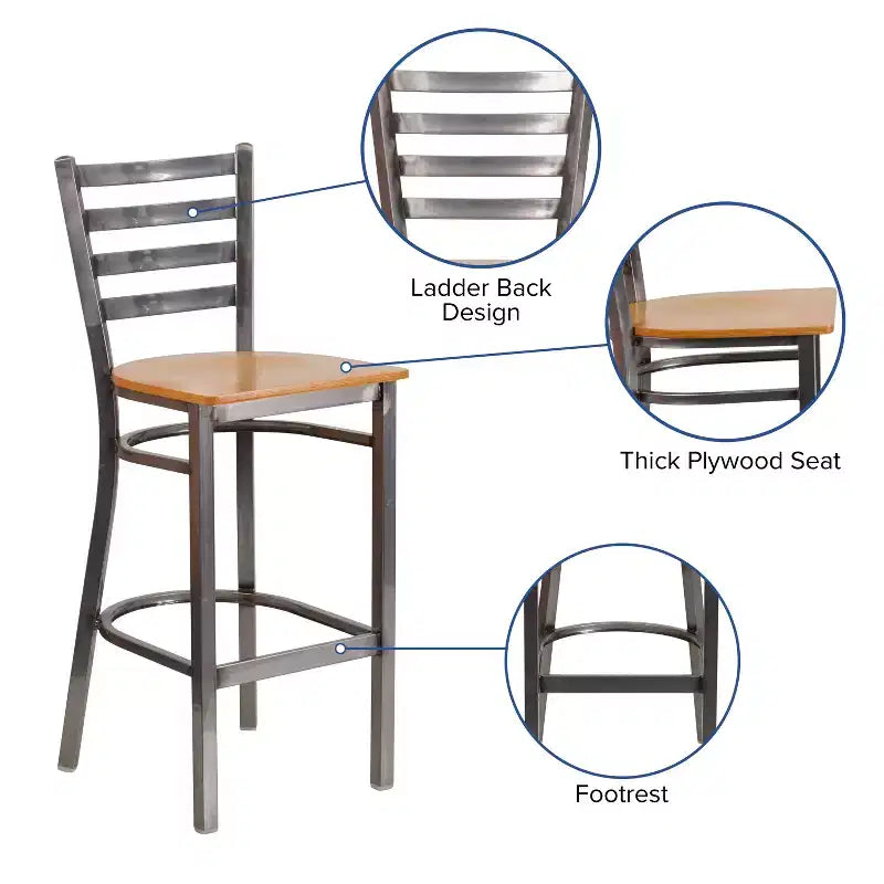 Tabouret de bar Emma et Oliver à dossier échelle en métal, avec finition transparente, pour restaurant