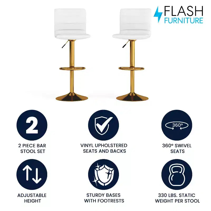Flash Furniture Tabouret de bar moderne en vinyle réglable en hauteur avec dossier à surpiqûres horizontales, lot de 2