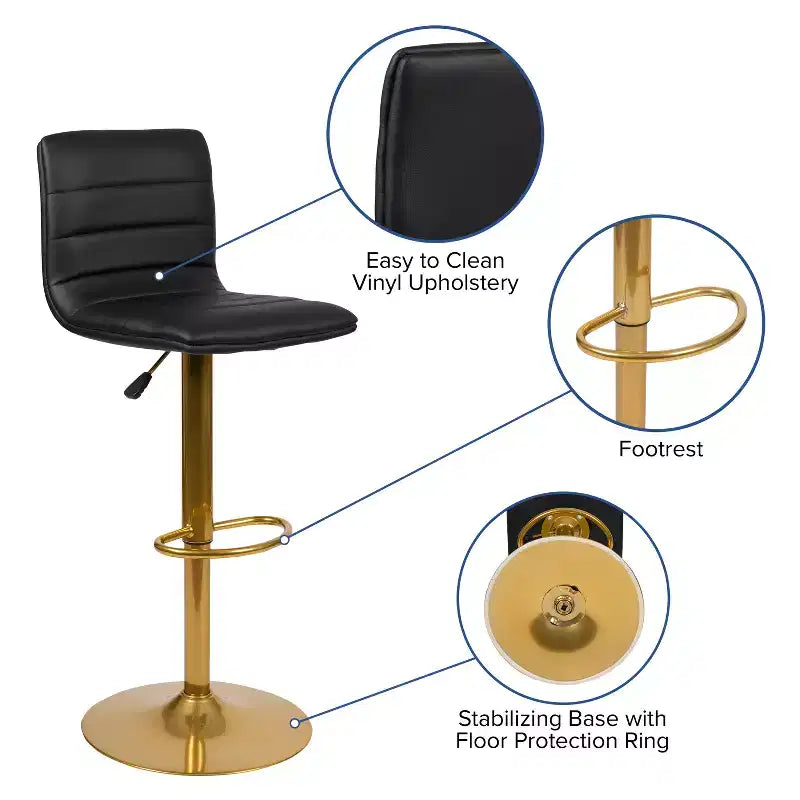 Flash Furniture Tabouret de bar moderne en vinyle réglable en hauteur avec dossier à surpiqûres horizontales, lot de 2