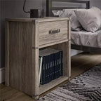 Table de chevet de rangement à 1 tiroir Nova Max & Finn avec poignée de tiroir en cuir, chêne gris