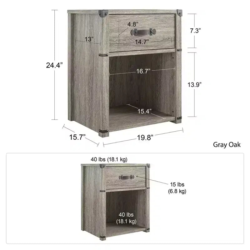 Table de chevet de rangement à 1 tiroir Nova Max & Finn avec poignée de tiroir en cuir, chêne gris