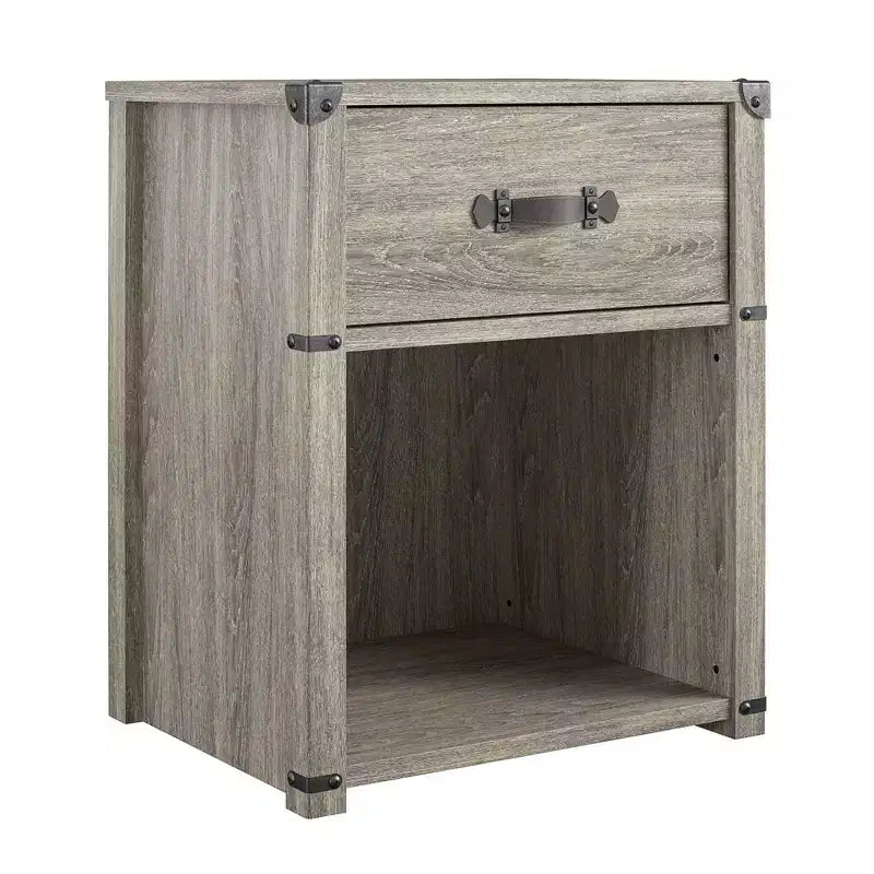 Table de chevet de rangement à 1 tiroir Nova Max & Finn avec poignée de tiroir en cuir, chêne gris
