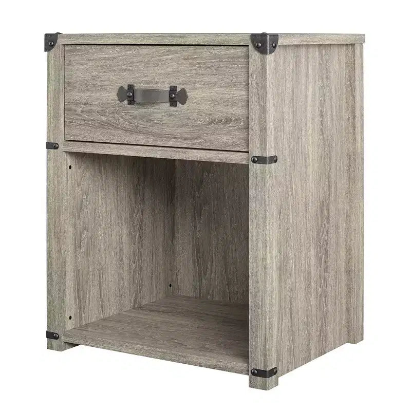 Table de chevet de rangement à 1 tiroir Nova Max & Finn avec poignée de tiroir en cuir, chêne gris