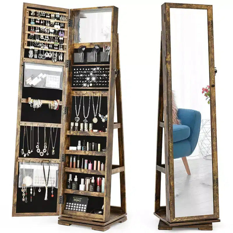 Costway Armoire à bijoux rotative à 360° 2-en-1 Organiseur miroir verrouillable Blanc/Noir/Marron foncé/Gris/Bleu/Rose/Violet/Gris foncé