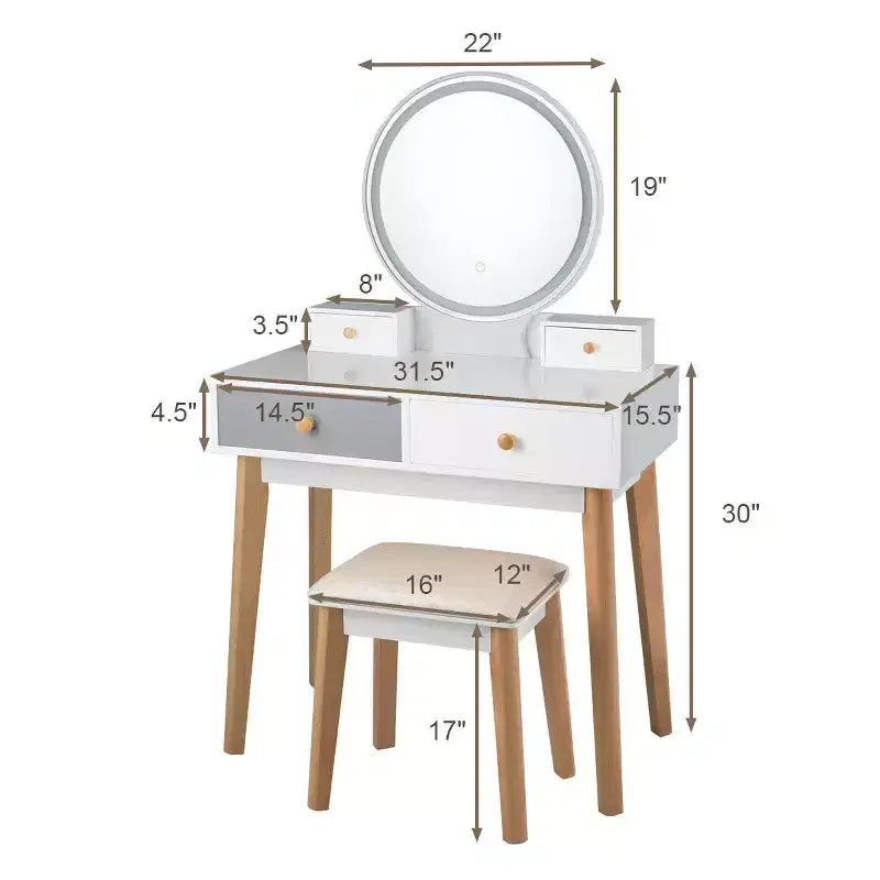 Table de Toilette Costway, 3 Modes d'Éclairage, Tabouret de Maquillage, Bijoux