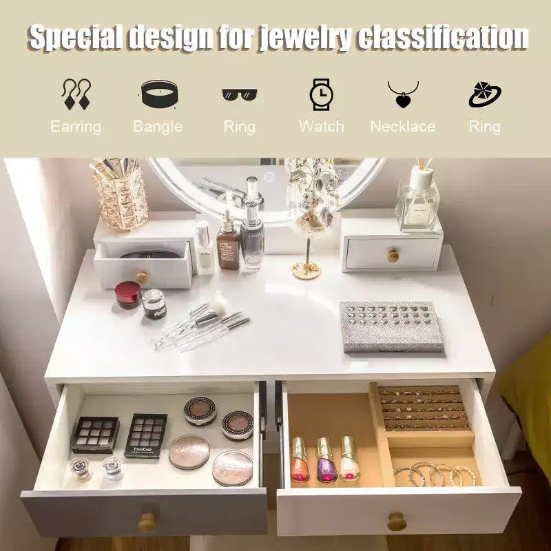 Table de Toilette Costway, 3 Modes d'Éclairage, Tabouret de Maquillage, Bijoux