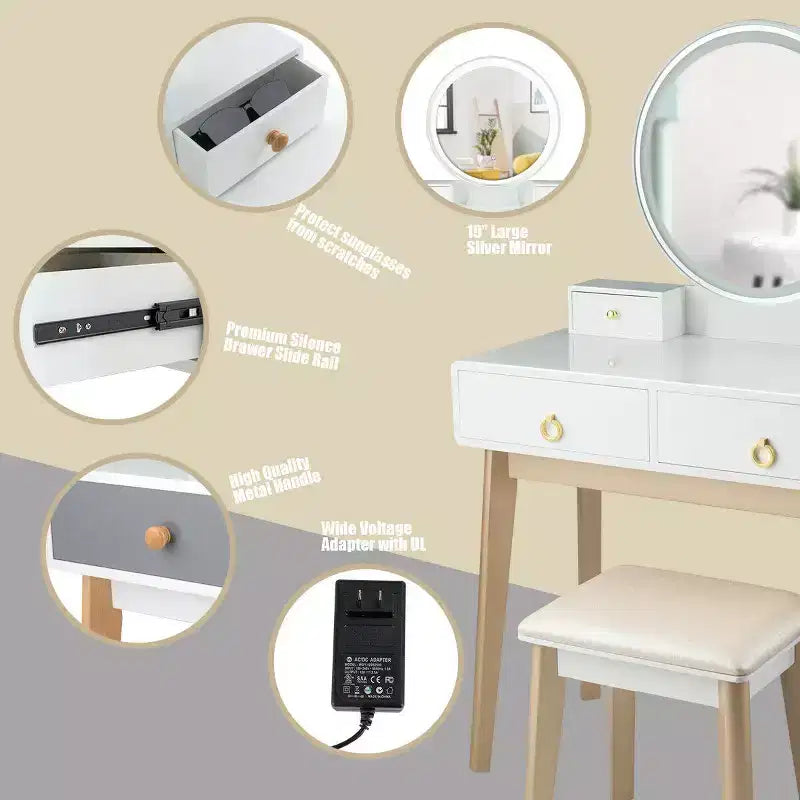 Table de Toilette Costway, 3 Modes d'Éclairage, Tabouret de Maquillage, Bijoux