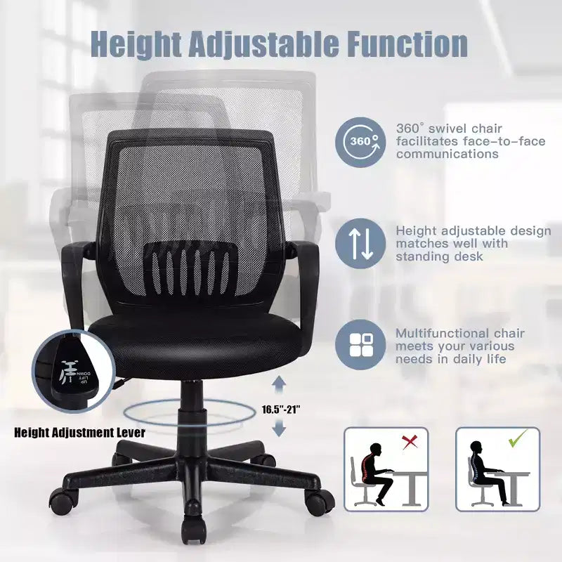 Chaise de bureau Costway à dossier mi-haut en maille, hauteur réglable, fauteuil de direction avec support lombaire