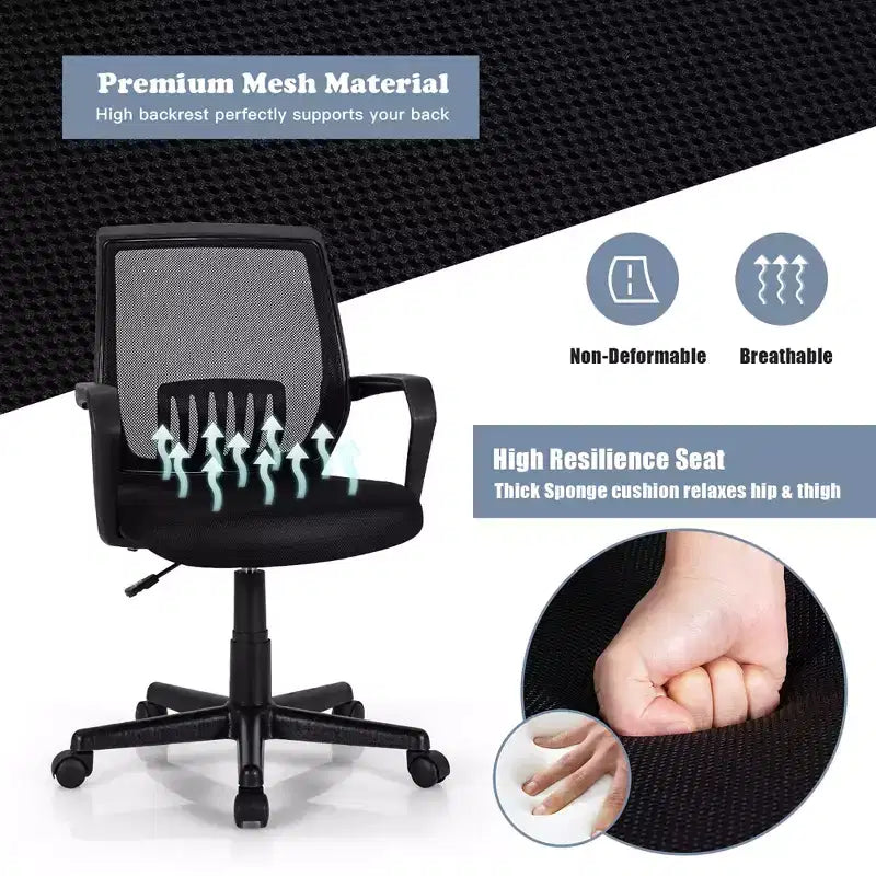 Chaise de bureau Costway à dossier mi-haut en maille, hauteur réglable, fauteuil de direction avec support lombaire