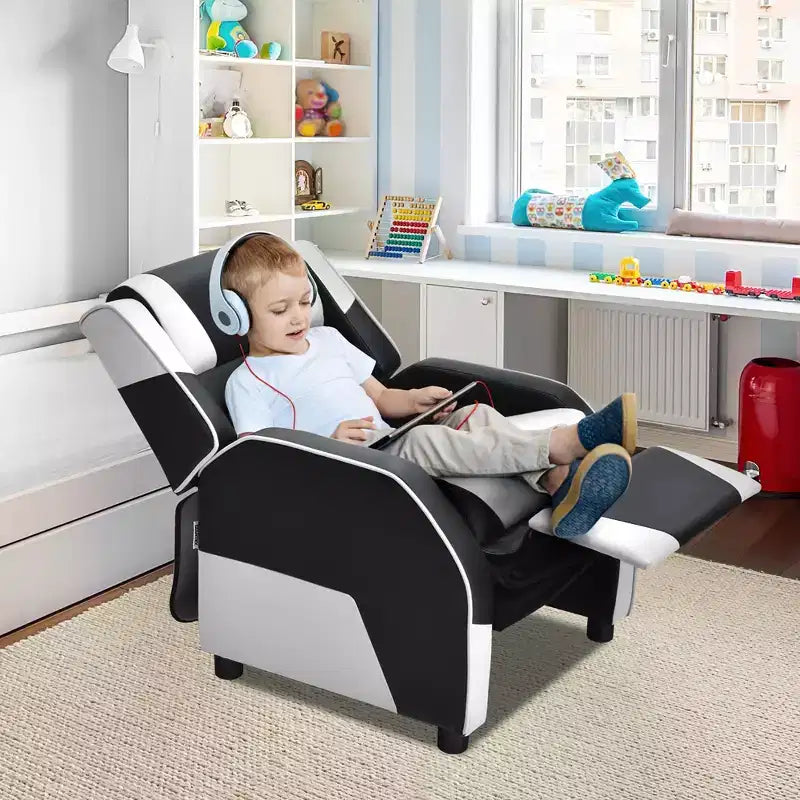 Costway Fauteuil inclinable pour enfants et adolescents avec appui-tête et repose-pieds en cuir PU Jaune/Blanc/Bleu/Rose