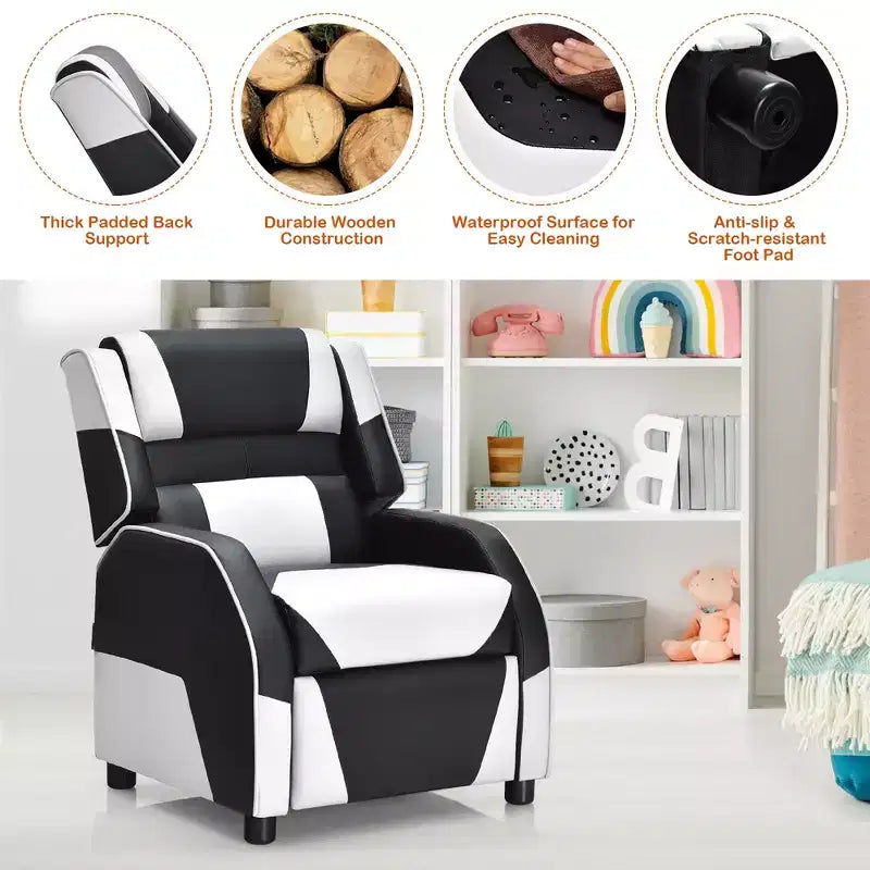 Costway Fauteuil inclinable pour enfants et adolescents avec appui-tête et repose-pieds en cuir PU Jaune/Blanc/Bleu/Rose