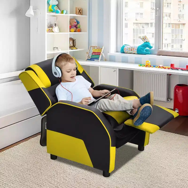 Costway Fauteuil inclinable pour enfants et adolescents avec appui-tête et repose-pieds en cuir PU Jaune/Blanc/Bleu/Rose