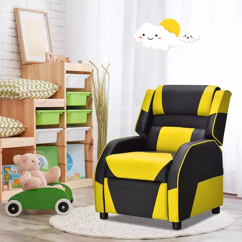 Costway Fauteuil inclinable pour enfants et adolescents avec appui-tête et repose-pieds en cuir PU Jaune/Blanc/Bleu/Rose