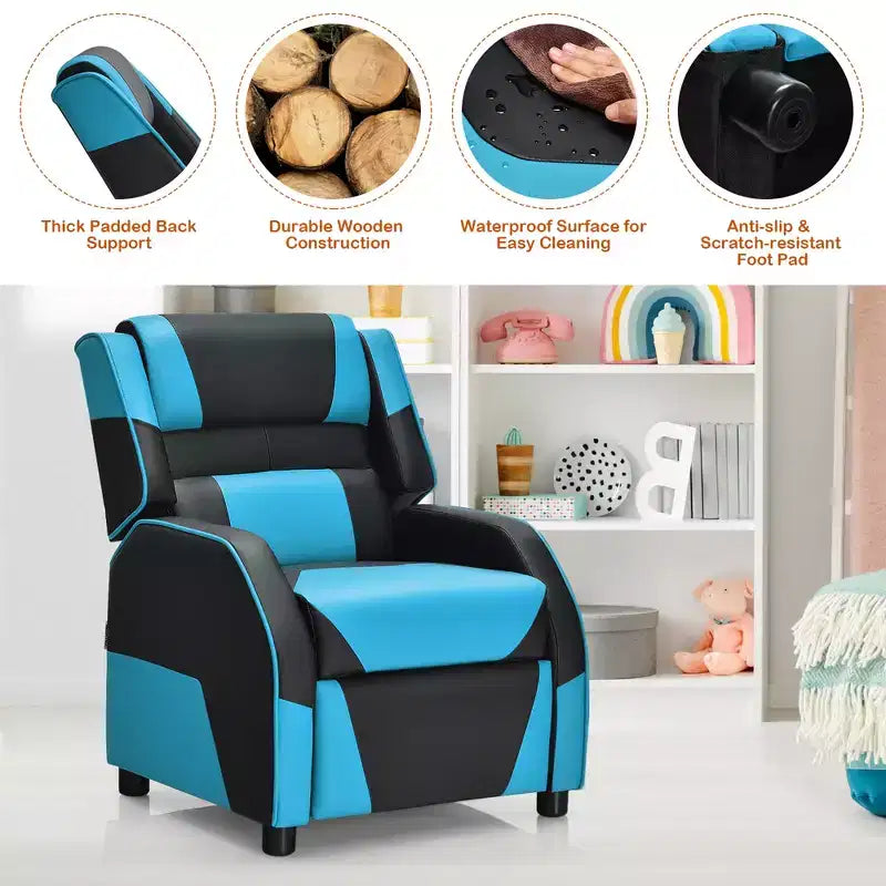 Costway Fauteuil inclinable pour enfants et adolescents avec appui-tête et repose-pieds en cuir PU Jaune/Blanc/Bleu/Rose