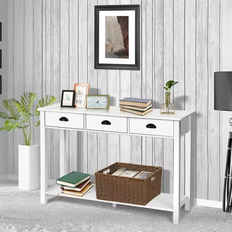 Costway 47 Table Console Table d'entrée Table d'appoint avec tiroirs et étagère Blanc