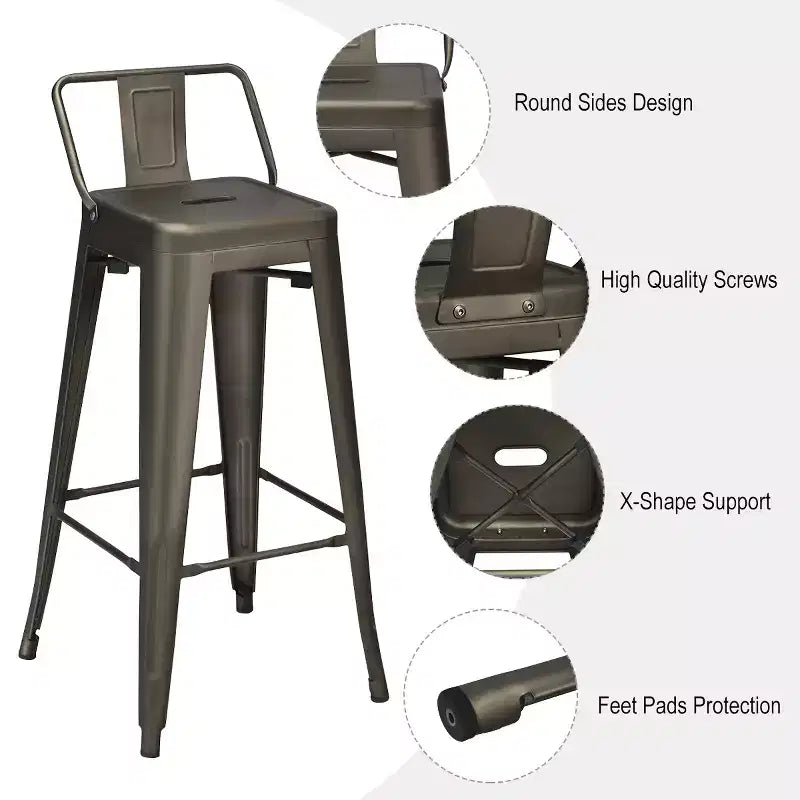 Costway Lot de 4 tabourets de bar en métal de 76 cm de hauteur, style industriel avec dossier bas en acier