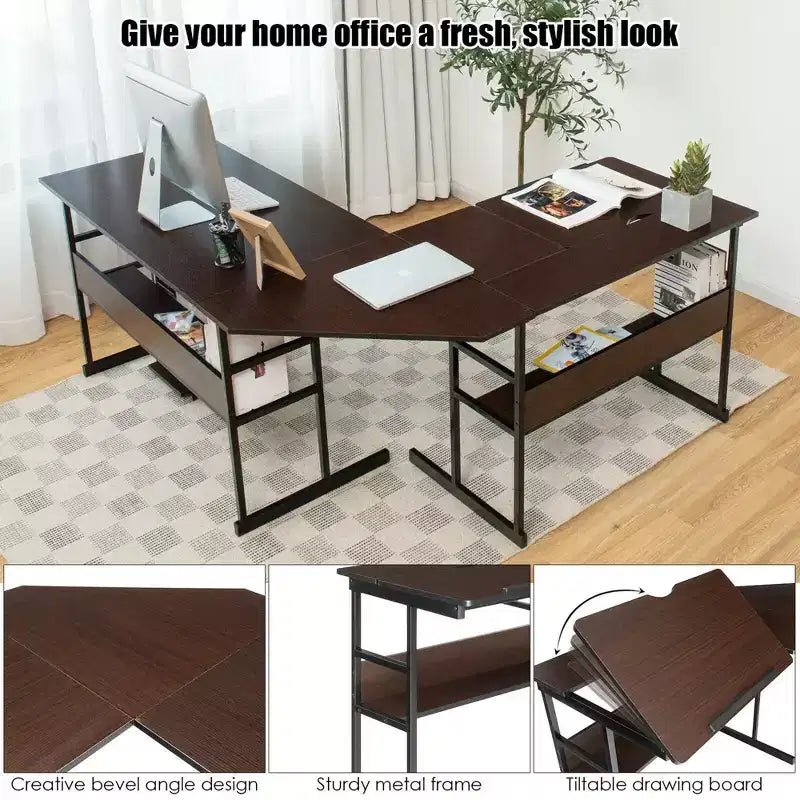 Bureau d'ordinateur Costway en forme de L avec plateau inclinable et table à dessin