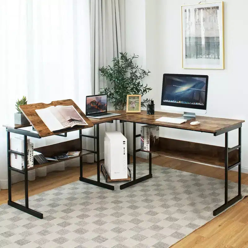 Bureau d'ordinateur Costway en forme de L avec plateau inclinable et table à dessin