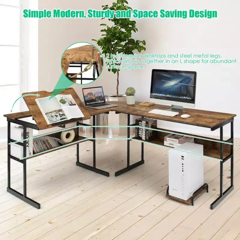 Bureau d'ordinateur Costway en forme de L avec plateau inclinable et table à dessin