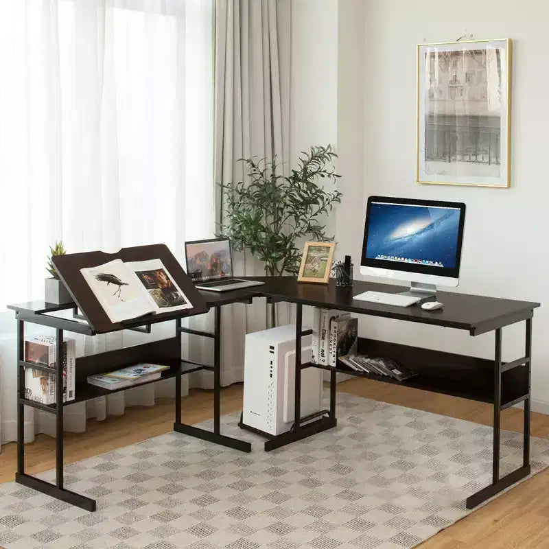 Bureau d'ordinateur Costway en forme de L avec plateau inclinable et table à dessin