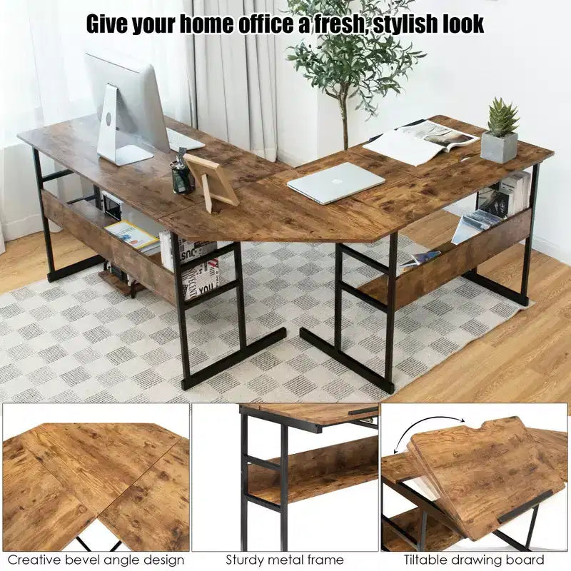 Bureau d'ordinateur Costway en forme de L avec plateau inclinable et table à dessin