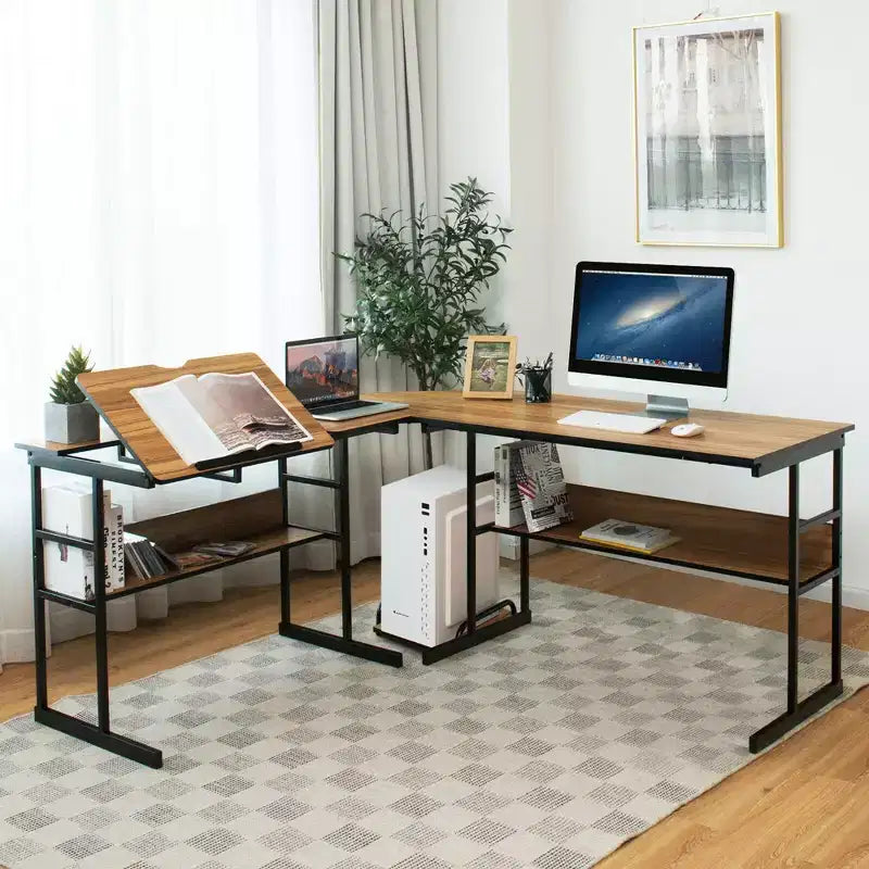 Bureau d'ordinateur Costway en forme de L avec plateau inclinable et table à dessin