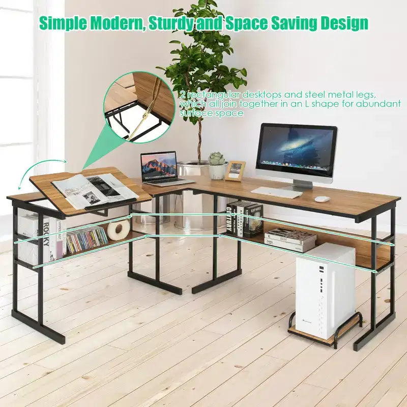 Bureau d'ordinateur Costway en forme de L avec plateau inclinable et table à dessin