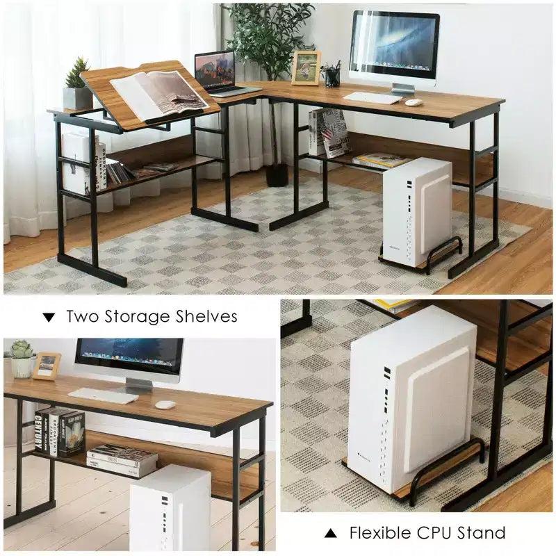 Bureau d'ordinateur Costway en forme de L avec plateau inclinable et table à dessin