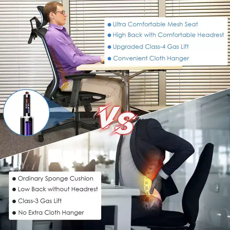 Chaise de bureau ergonomique à dossier haut en maille, inclinable, avec cintre, gris/noir