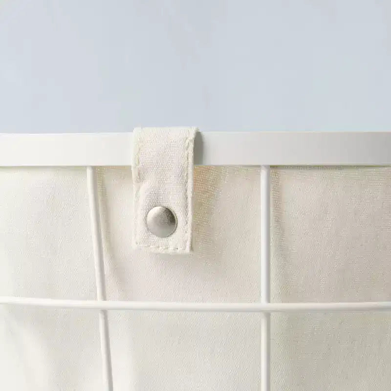Panier à linge en fil de fer et tissu avec doublure crème et poignées en bois, panier à linge rond à dessus ouvert