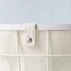 Panier à linge en fil de fer et tissu avec doublure crème et poignées en bois, panier à linge rond à dessus ouvert