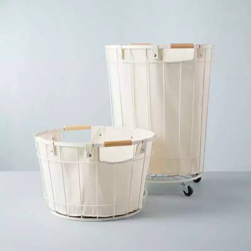 Panier à linge en fil de fer et tissu avec doublure crème et poignées en bois, panier à linge rond à dessus ouvert