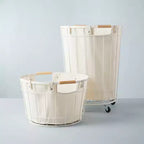 Panier à linge en fil de fer et tissu avec doublure crème et poignées en bois, panier à linge rond à dessus ouvert