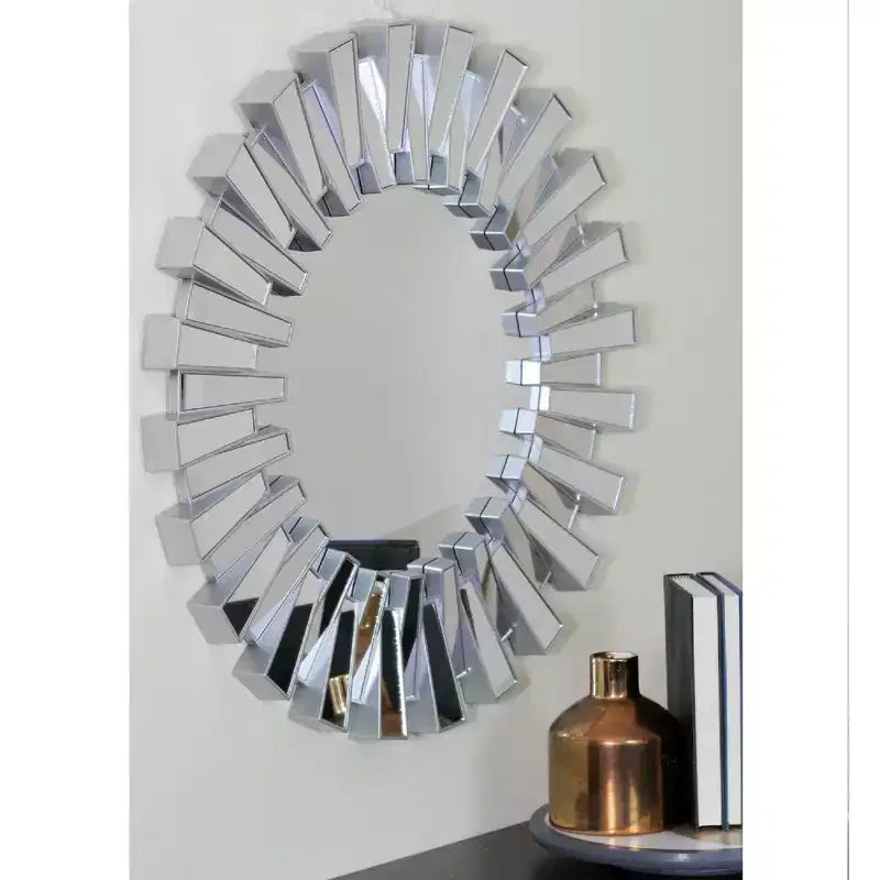 Miroir mural rond Aztec Sunburst argenté de 25,5", design à rectangles miroir inclinés, décoration intérieure
