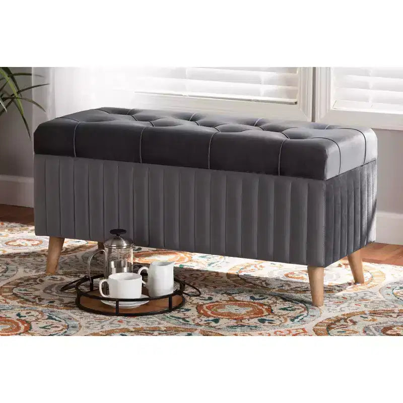 Pouf de rangement en velours et bois Hanley - Baxton Studio