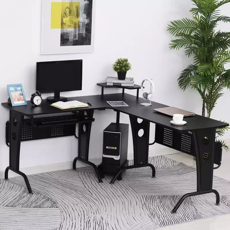 Bureau d'angle en L HOMCOM avec étagère surélevée, tablette coulissante pour clavier et support UC pratique