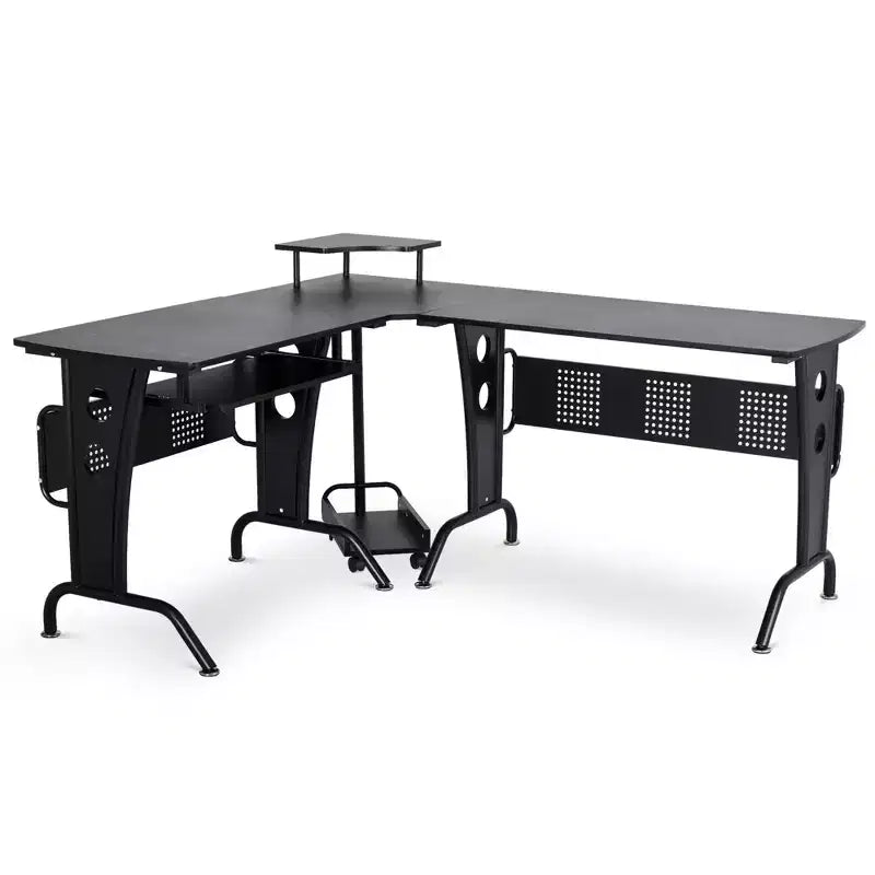 Bureau d'angle en L HOMCOM avec étagère surélevée, tablette coulissante pour clavier et support UC pratique