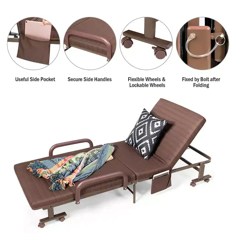 Lit pliant Costway Lit d'appoint réglable simple avec matelas jumeau, roues portables, marron/gris/blanc
