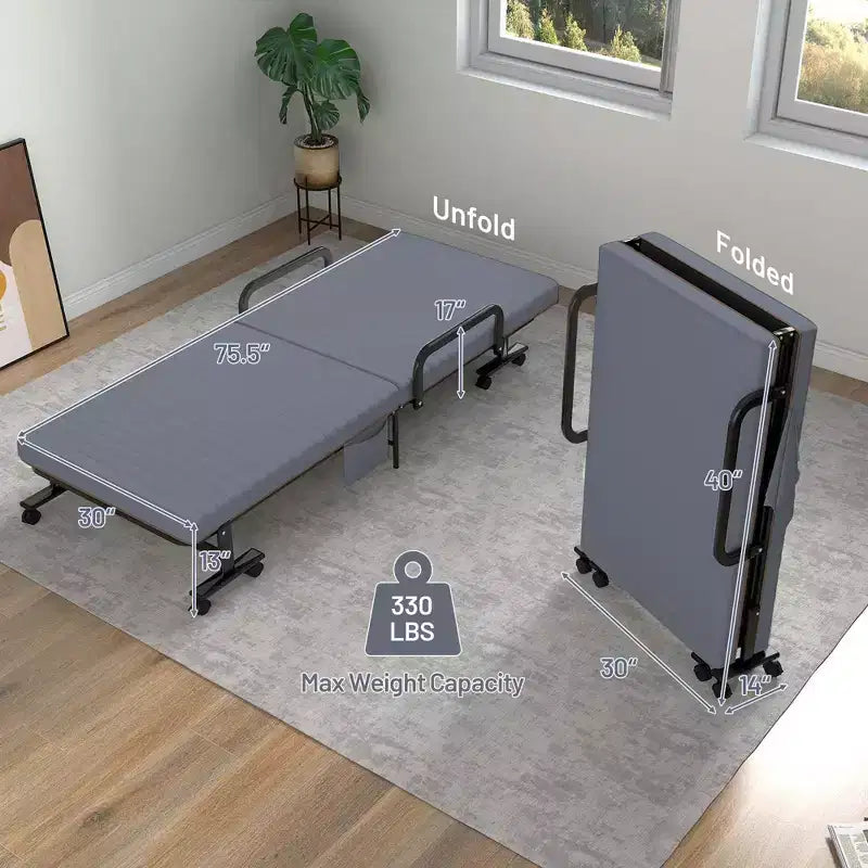 Lit pliant Costway Lit d'appoint réglable simple avec matelas jumeau, roues portables, marron/gris/blanc