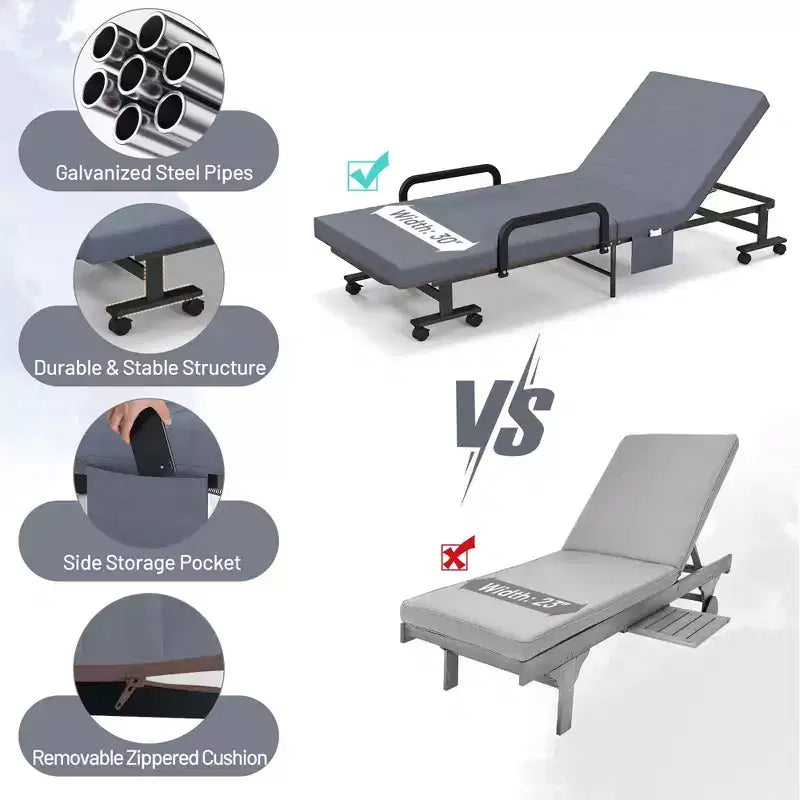 Lit pliant Costway Lit d'appoint réglable simple avec matelas jumeau, roues portables, marron/gris/blanc
